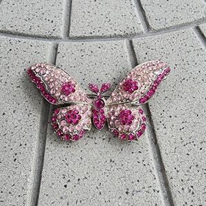 Handcrafted Silver Tone Pretty In Pink Butterfly Brooch Pin